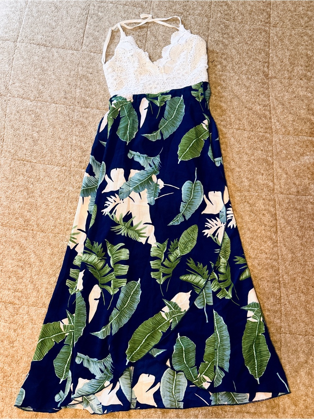 Tropical Lace Halter Maxi Dress with floral leaf print